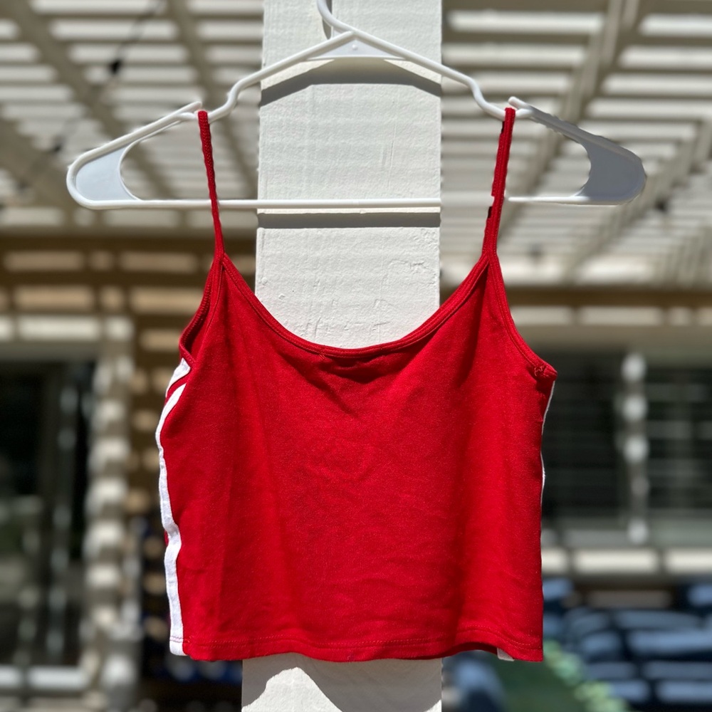Brandy Melville Red Spaghetti Strap Crop Top With Racer White Stripes